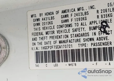 2012 Honda Accord 2.4 Ex из США, поврежденный, VIN 1HGCP2F75CA170721